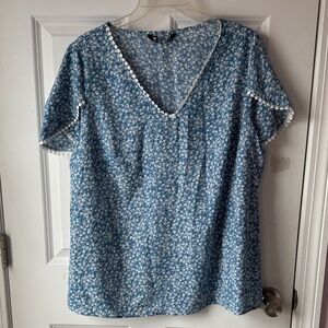 BloomChic Blue Floral V-Neck Top with White Crochet Trim